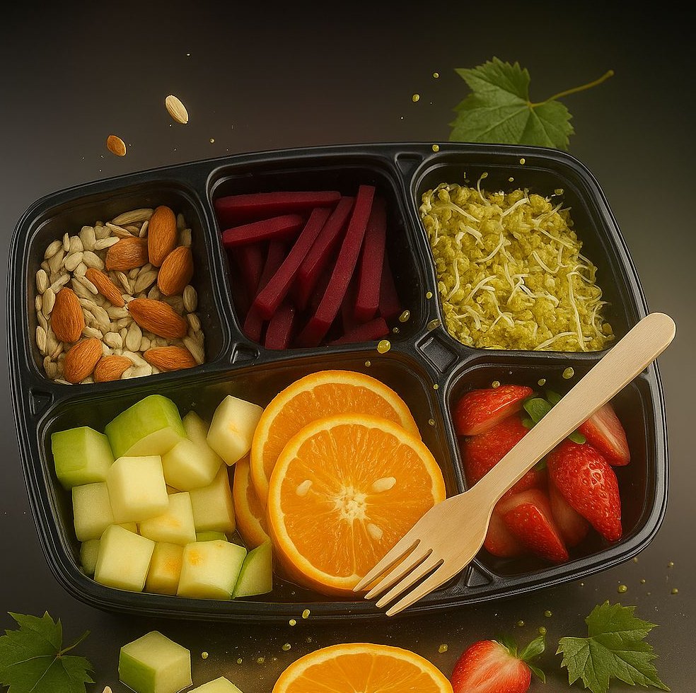 A freshly plated Grita fuel tray with fruit, nuts and sprouts